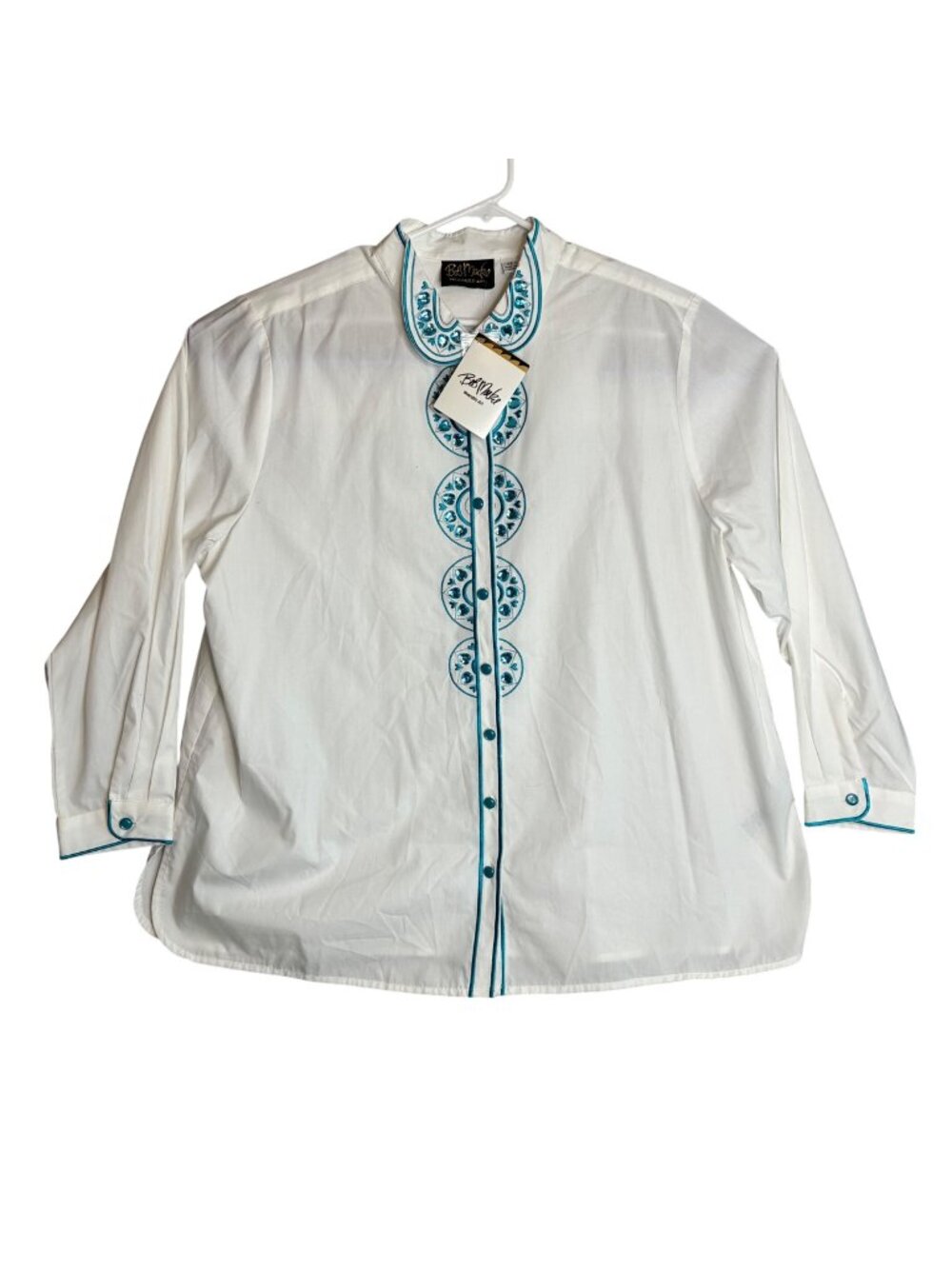 Bob Mackie Wearable Art White Blouse 2X NWT Blue Embroidery Buttons Long Sleeve